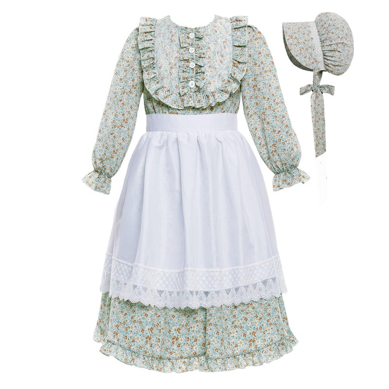 Vibsion Girls Pioneer Prairie Costume Pilgrim Dress Kids Floral Colonial Village Girl Costumes Bonnet Apron Set 3Pcs M
