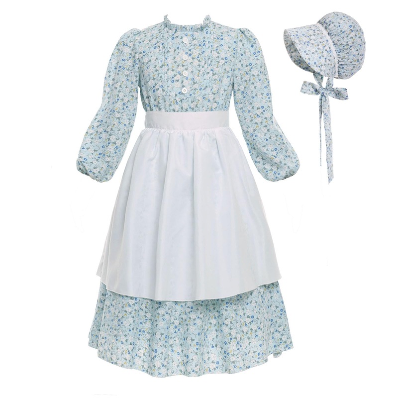 Vibsion Girls Pioneer Prairie Costume Pilgrim Dress Kids Ruffle Neck Floral Colonial Girl Costumes Bonnet Apron 3Pcs M