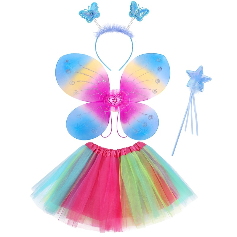 4 Pcs Butterfly Fairy Costume For Girls Kids Princess Cosplay Costume Set With Wings, Tutu Skirt, Wand (Rainbow)