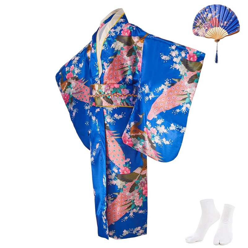 Crfasibe Japanese Kimono Dress Anime Cosplay Costumes For Women Girls Party Fancy Dress Set Royal Blue 140Cm