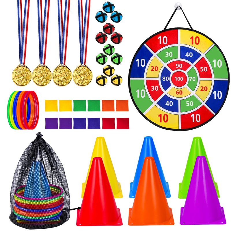 Dyrfolm 48 Pcs Carnival Games Combo Set,Plastic Cones Ring Bean Bag Toss Games Combo Set,Carnival Outdoor Games For Kids Adults