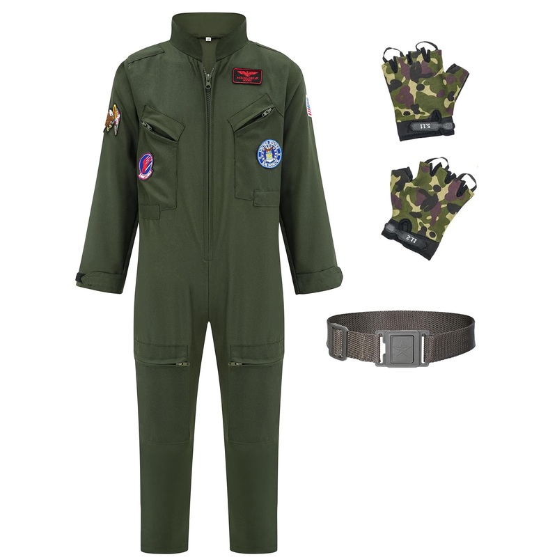 Gz-Laopaitou Kids Fighter Pilot Costume, Flight Dress Up With Gloves, Flight Suit Costume For Halloween Party Cosplay