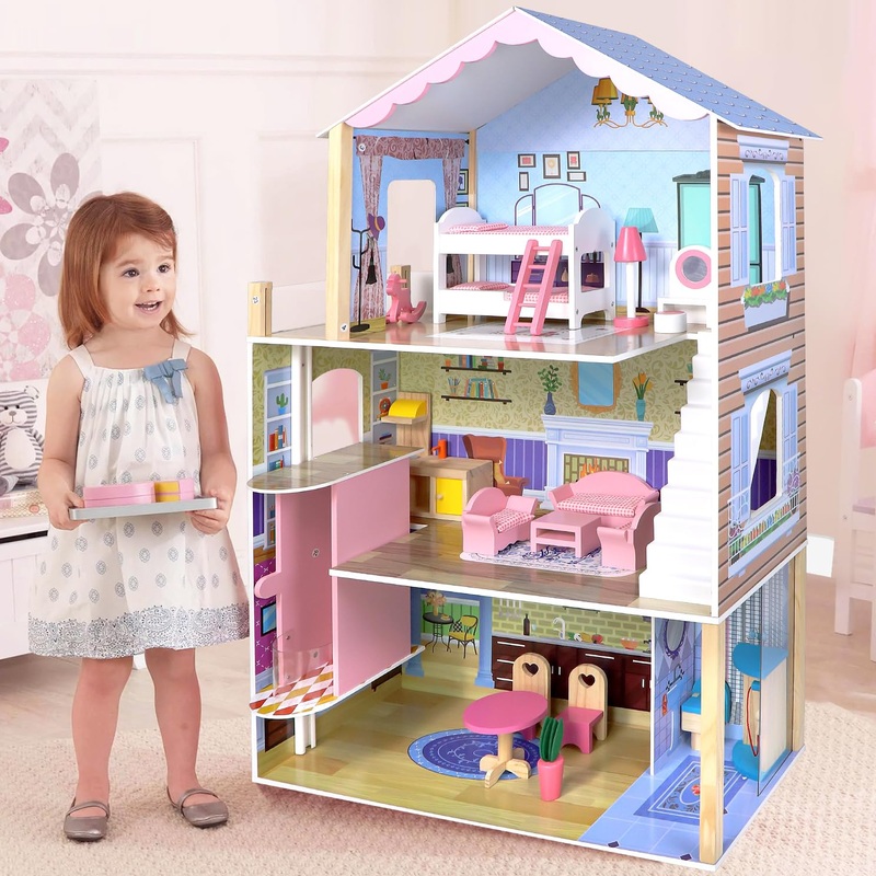 Happyfield Dream Dollhouse Wooden Dollhouse For Kids With Doll House Accessories And Furniture Suitable For Ages 3 And Up Includ