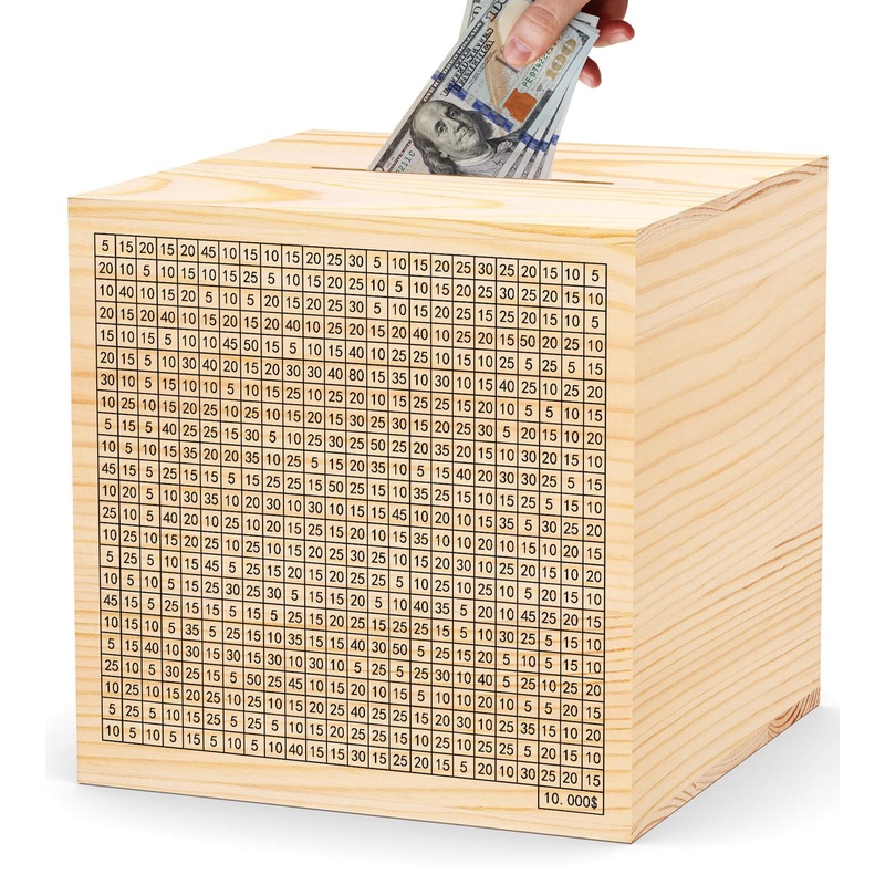 Hchangen 10000 Wooden Savings Challenge Box For Adults Kids, Wood Coin Piggy Bnak, Must Break To Open Money Box With Counter (Na