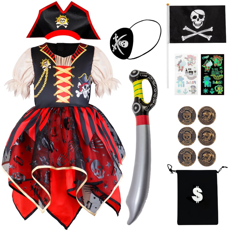 Ikali Girls Pirate Costume With Hat Accessories, Buccaneer Princess Fancy Dress Outfit For Kids 8-10 Years Themed Party Role Pla