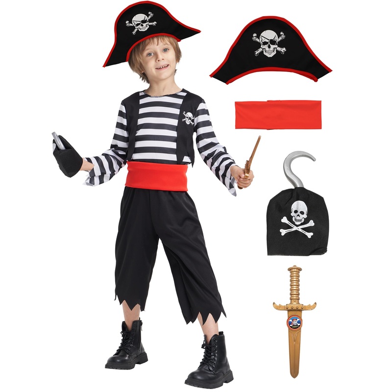 Ikali Pirate Costume For Kids Boys,Toddler Pirate Role Play Dress Up With Bandana, Cutlass, Hat 8-10 Years