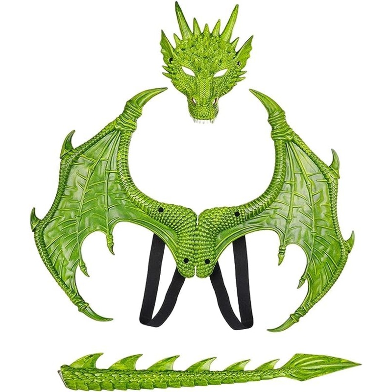 Kids Dinosaur Costume Dress Up Wings Dragon Tail Mask Set Halloween For Children Birthday Party Favors Gifts (Green)