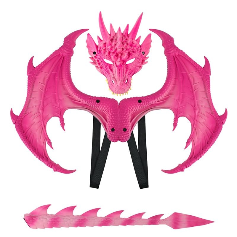 Kids Dinosaur Costume Dress Up Wings Dragon Tail Mask Set Halloween For Children Birthday Party Favors Gifts (Pink)
