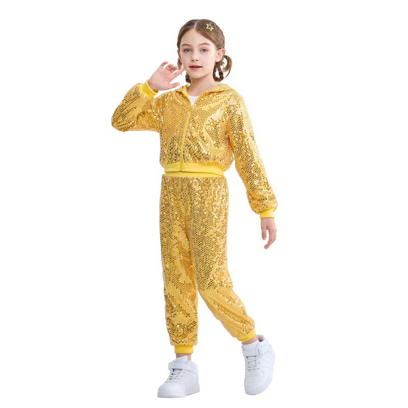 Lolanta Teen Girls Dance Costumes Youth Gold Sweatsuit Set Girls Sequin Outfit For Hip Hop Dance (Golden, 14-15 Years)