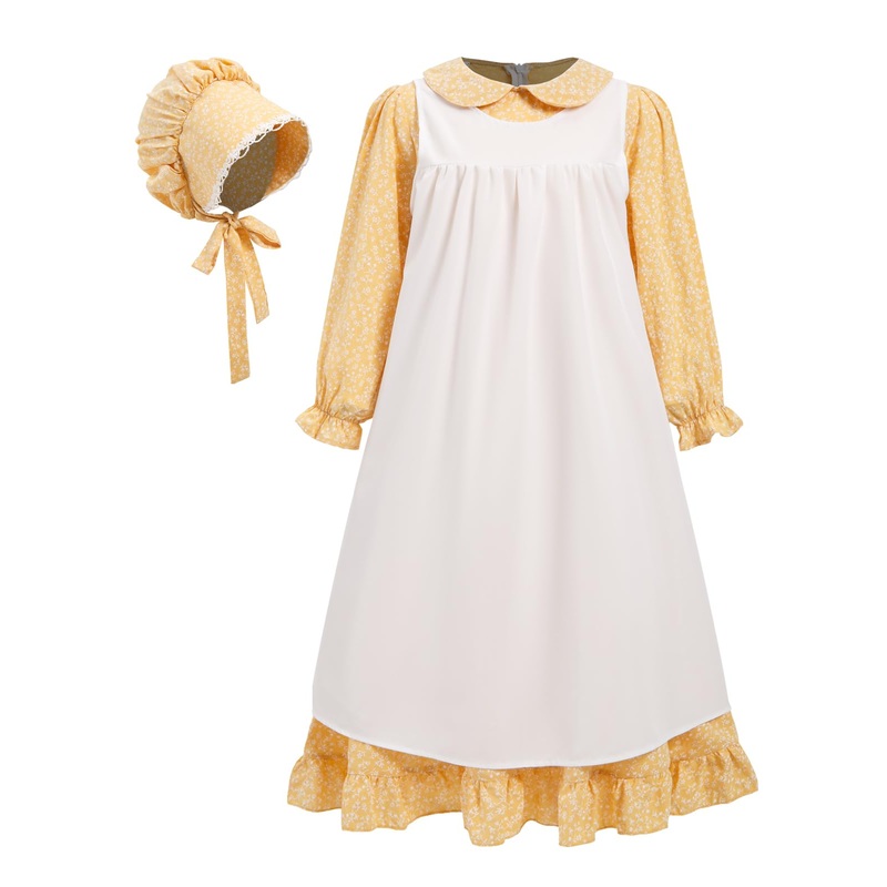 Pioneer Dresses For Girls Prairie Colonial Costume Long Sleeves Laura Ingalls Pilgrim Costume Yellow 7-8Y