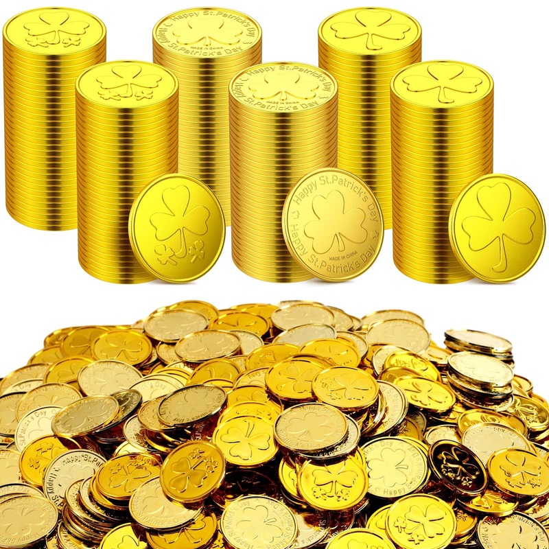 Sanwuta 1000 Pcs St. Patrick’S Day Gold Coins Plastic Lucky Shamrock Leprechaun 3 Leaf Clover Coins For Kids Play St Patricks Pa