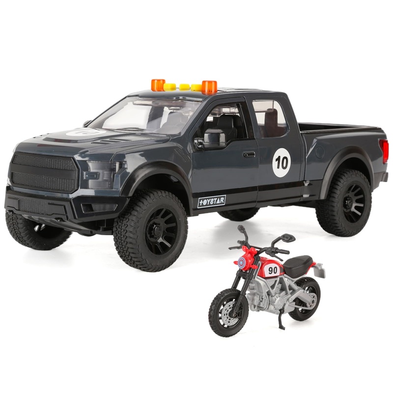 Sasbsc Toy Pickup Trucks For 3 4 5 Year Old Boys 1:18 Friction Power Truck Toy With Motorcycle Plastic Big Trucks With Lights An