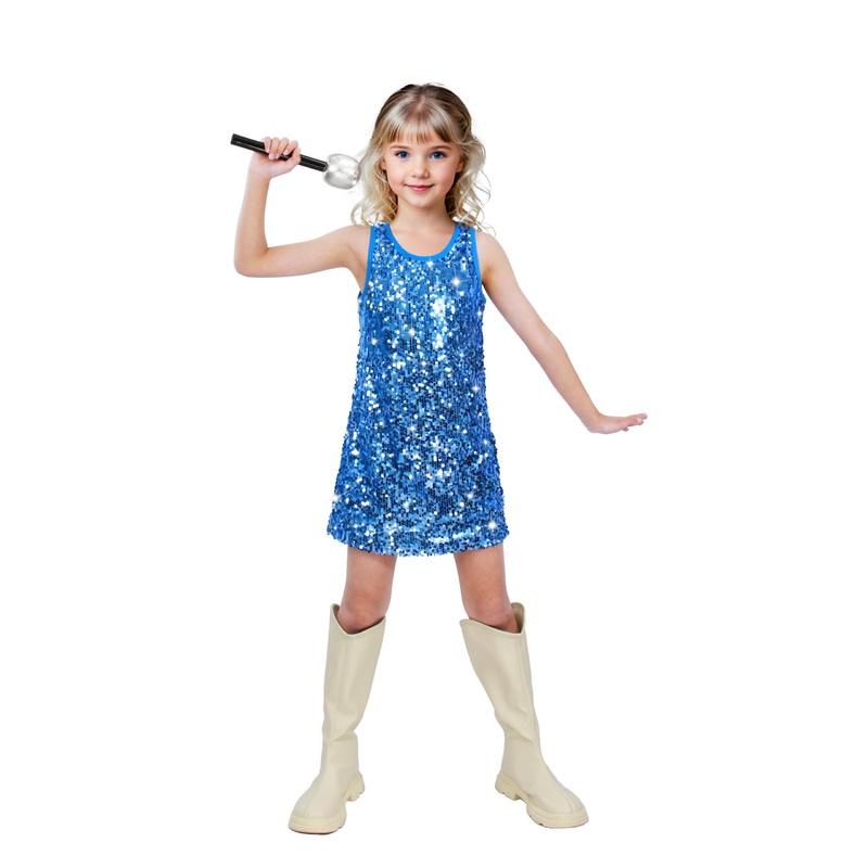 Sinkawa Jackets Girls Sequin Dress Sparkly Sleeveless Costume Prom Concert Party Outfit With Glitter Microphone Prop-Small Blue