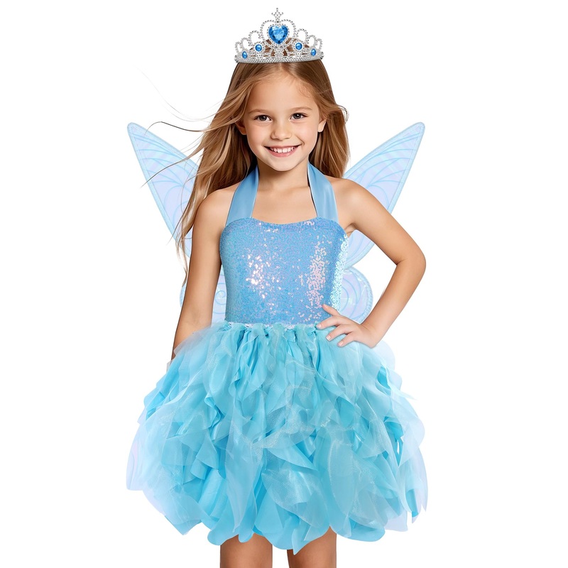 Soyoekbt Fairy Costume For Girls Princess Tutu Dress With Butterfly Wings For Girls Birthday Party Dress Up (Blue, 3-4 Years)