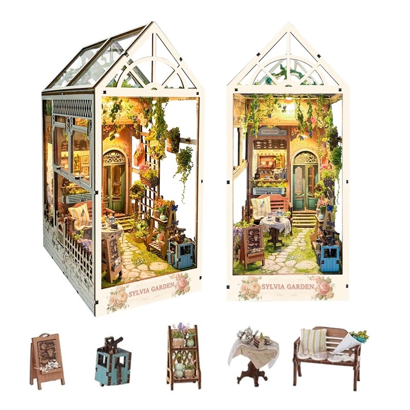Strucwood Garden Book Nook With Led Lights Diy Miniature House Kit 3D Wooden Puzzle Bookend Booknook Bookshelf Decoration Gift F