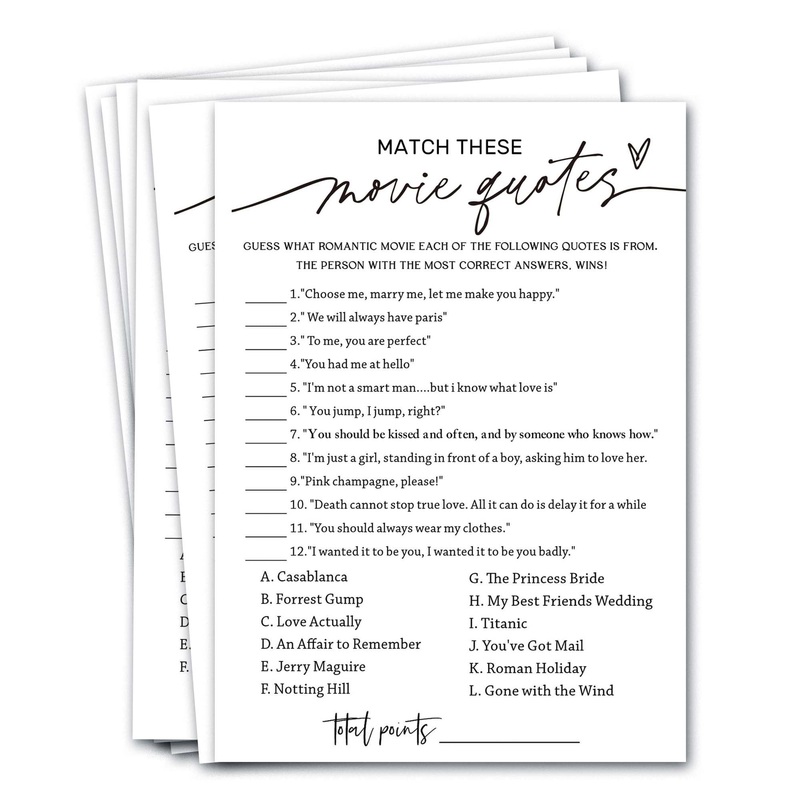 Wedding Shower Games Cards, Match These Movie Quotes, 25 Game Cards With 1 Answer Card, Engagement Party Wedding Games For Guest