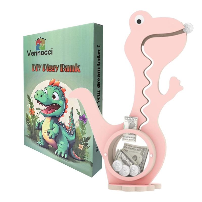 Wooden A3 Dinosaur Piggy Bank For Girls Boys Kids Animal Coin Bank Money Saving Box For Children Adult Toy Gift (Pink)