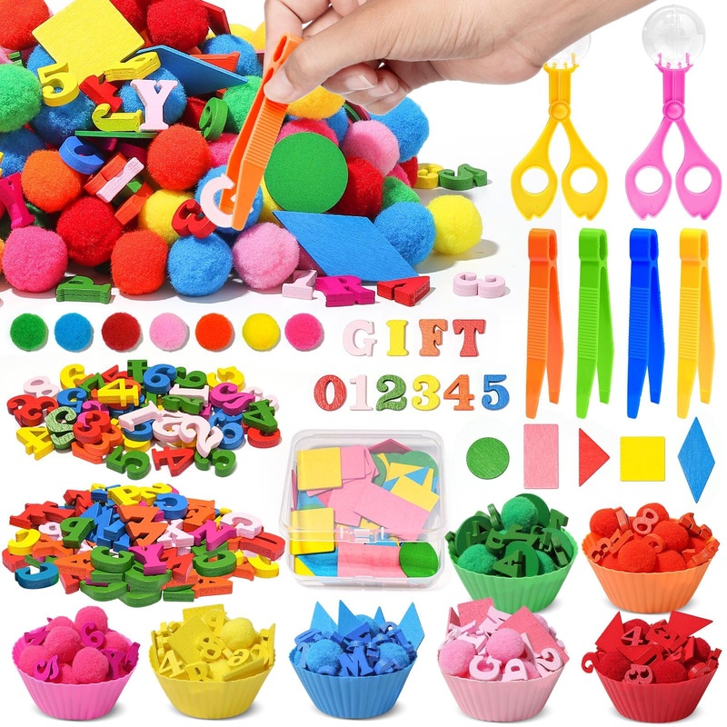 Zhowhoho 271 Pcs Letters And Numbers Sensory Bin Fine Motor Toys Counting Sorting Sensory Bin Filler 100 Pcs Pompoms 100 Pcs Woo