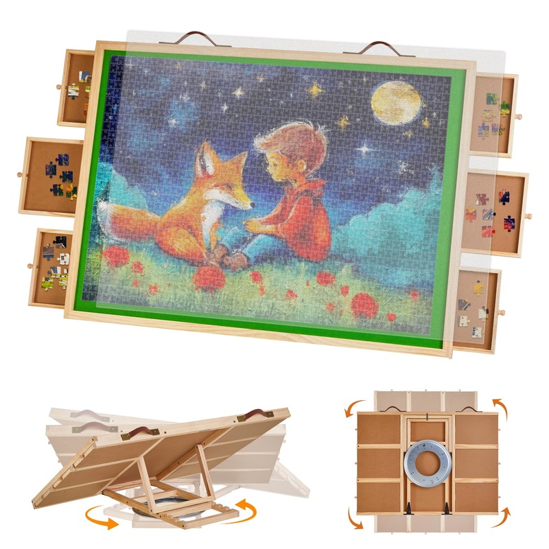2500Pcs Wooden Rotating Puzzle Board With 6 Drawers, Light And Portable Jigsaw Puzzle Board With Cover, Adjustable Puzzle Table