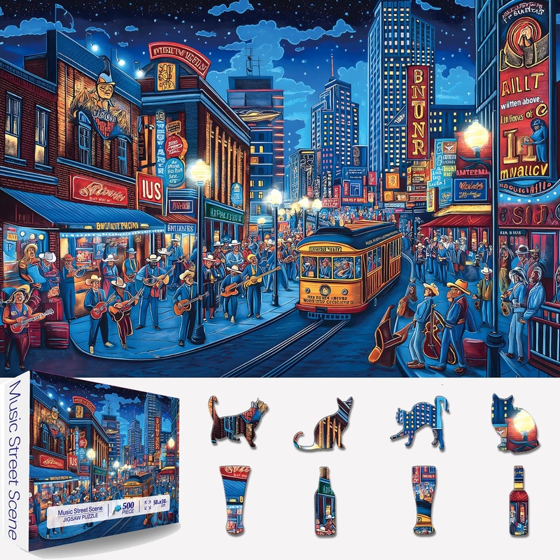 500 Piece Jigsaw Puzzles For Adults, Street Vintage Night Scene With Musicians Puzzle For Adults – Hard Unique Difficult Challen
