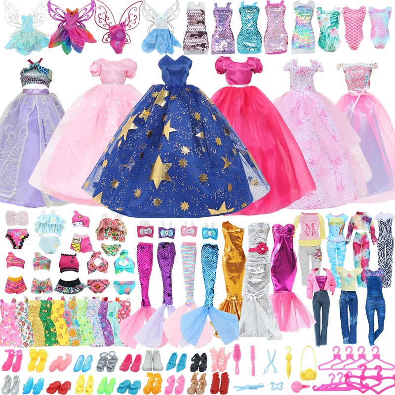 59Pcs Doll Clothes And Accessories Fashion Dress Wedding Gowns, Daily Tops Pants Outfits Jumpsuit Swimsuits Bikini, 10 Mini Dres