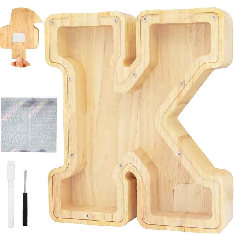 Bitreeworks Letter Piggy Bank, Personalized Wooden Coin Banks, Large Wood Money Peny Bank For Adults (9”, Alphabet K)