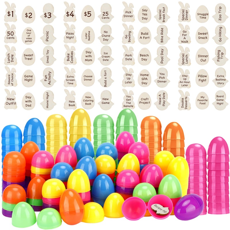 Blueweenly 60 Sets Easter Egg Tokens With Plastic Easter Eggs, Bulk Colorful Fillable Reward Prizes Wooden Bunny Chick Tokens Pr