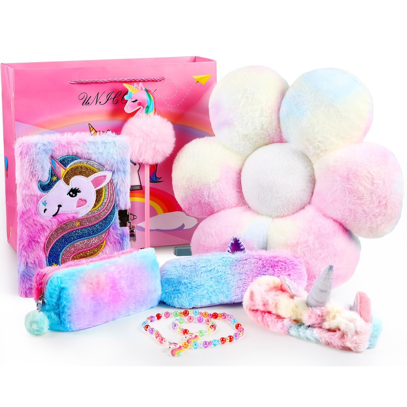 Coume Unicorn Gifts For Girls Age 6-8 Flower Rainbow Pillow Unicorn Diary Necklace Bracelet Headband Eye Mask Pen Bags For Girls
