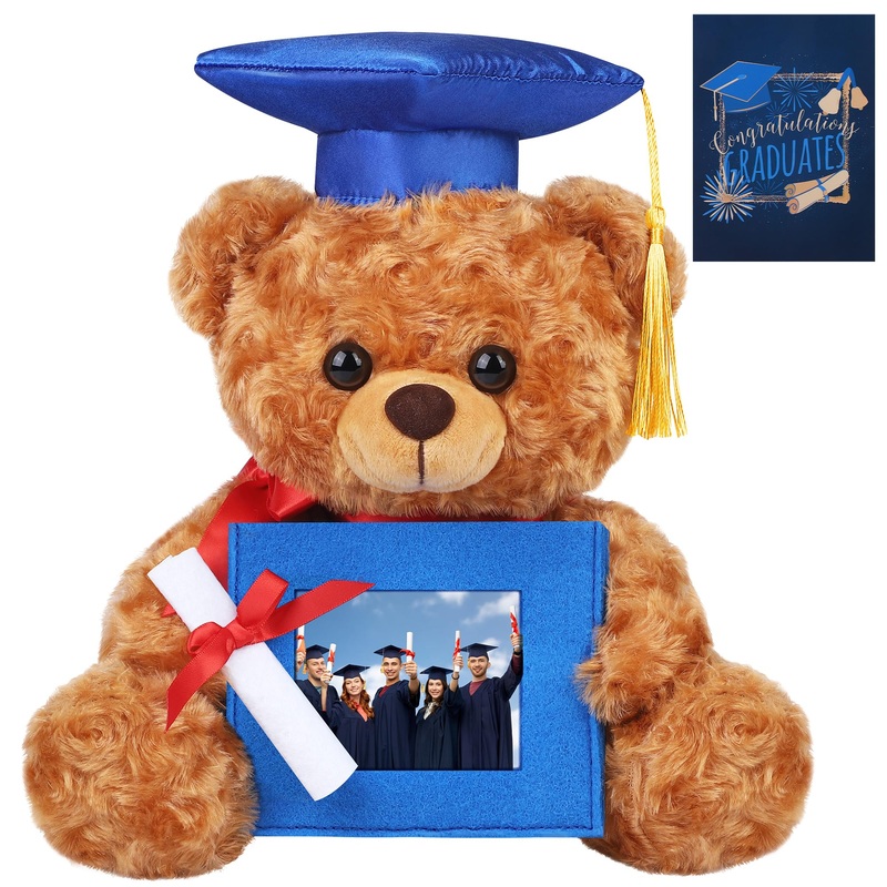 Fovths Graduation Plush Teddy Bear With Blue Non-Woven Picture Frame Diploma Cap For 2024 Graduation 10 Inch Plush Stuffed Anima