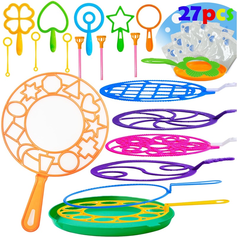 Giftexpress Deluxe 27Pcs Big Bubble Wands Assortment With Solution – Assorted Sizes Bubble Makers, Trays & 6Pk Non Toxic Solutio