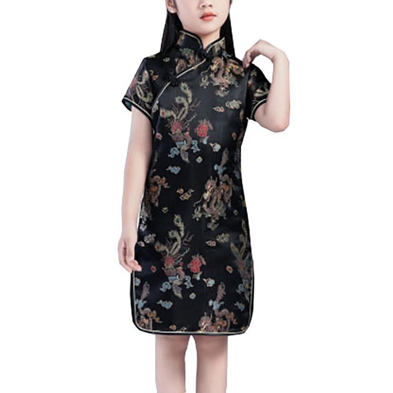 Girls Chinese Qipao Dress Dragon Pattern Short Sleeve Cheongsam Costume For Birthday Party Wedding (Us, Age, 4 Years, 5 Years, B