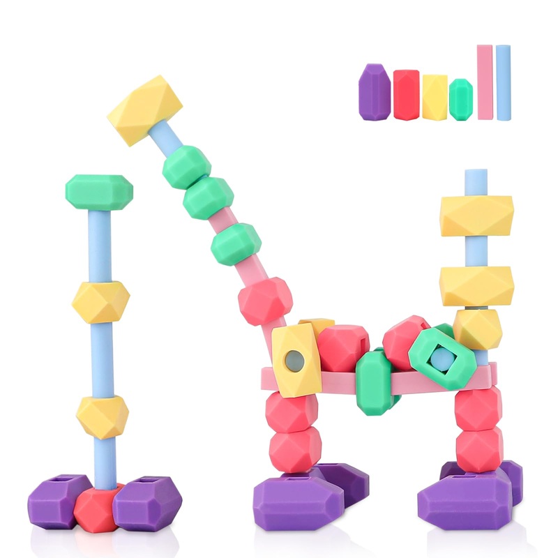 Henglisam Sorting Stacking Rocks, 48Pcs Silicone Building Blocks Rocks Games, Montessori Toys Sensory Toy Blocks