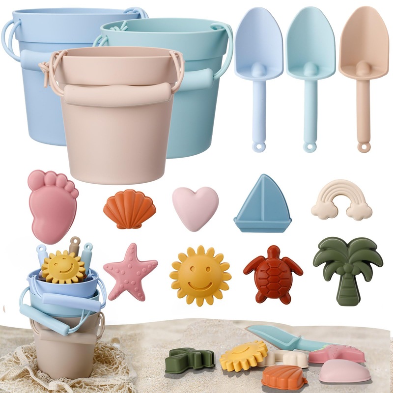Hungdao 16 Pcs Silicone Beach Toys Travel Friendly Beach Set Colorful Toys Include 3 Silicone Bucket Pail, 3 Shovel, 9 Sand Mold