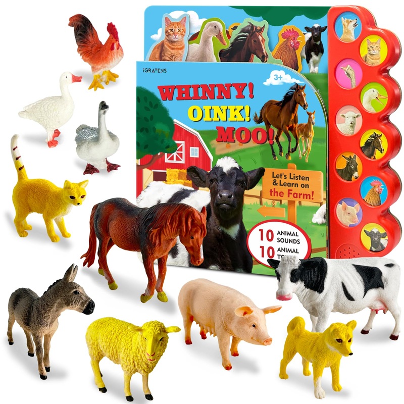Igratens Farm Animals Figures Toys With Sound Books, 10Pcs Farm Animals For Toddlers & Animal Sound Books With 10 Buttons, Plast