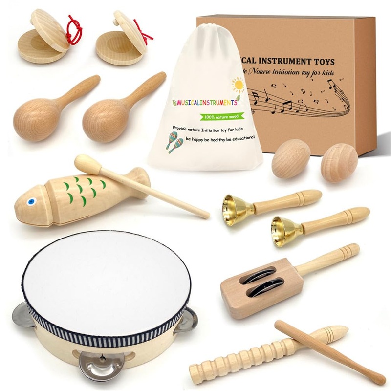 Jpnew Toddler Musical Instruments – Natural Wooden Musical Toys Montessori Toys Percussion Instruments Set Preschool Educational