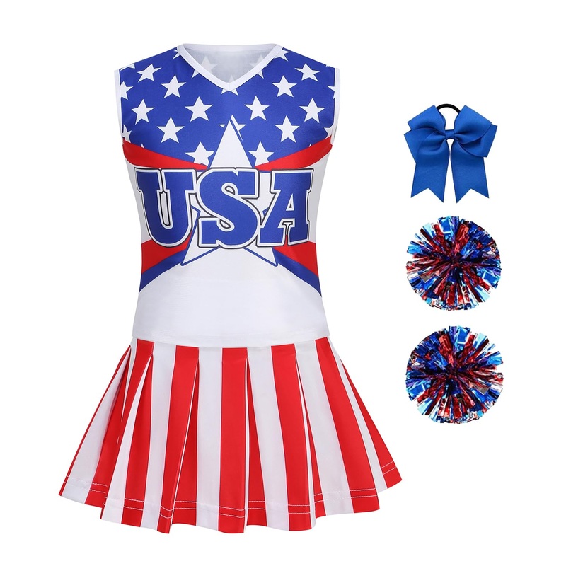 Lmyove Cheerleader Costume For Girls July 4Th Cheerleading Outfit For Kids With Pom Pom, Child Halloween Costume Dress Uniform,