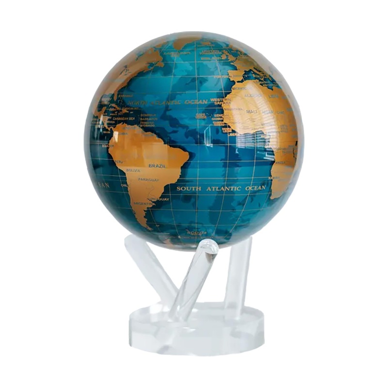 Mova Globe Blue And Gold 4.5” With Base, Solar Powered Rotating Globe No Need Of Battery Or Chord, Unique Gift And Decoration