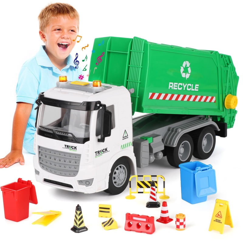 Mscredse 11.8” Garbage Truck Toy With Dumping Function, Friction Powered Trash Truck Toy, Sound And Lights For Age 3-7 Years Ol