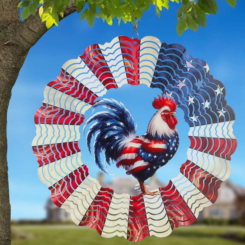 Rooster Metal Wind Spinners For Outdoor,Birthday Gifts For Women Mom Grandma, 12 Inch Garden Decor American Flag Wind Spinner Bi