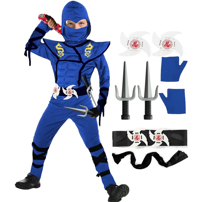 Satkull Blue Ninja Costume For Kids Ninja Deluxe Costumes Set With Ninjas Accessories For Boy Dress Up(Kids-Xl-10/12T Blue)