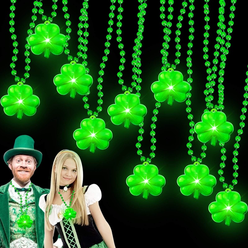 Turnmeon 10 Pack St.Patrick’S Day Light Up Shamrocks Necklaces Accessories Metallic Green Beads Necklace Irish St. Patrick’S Day