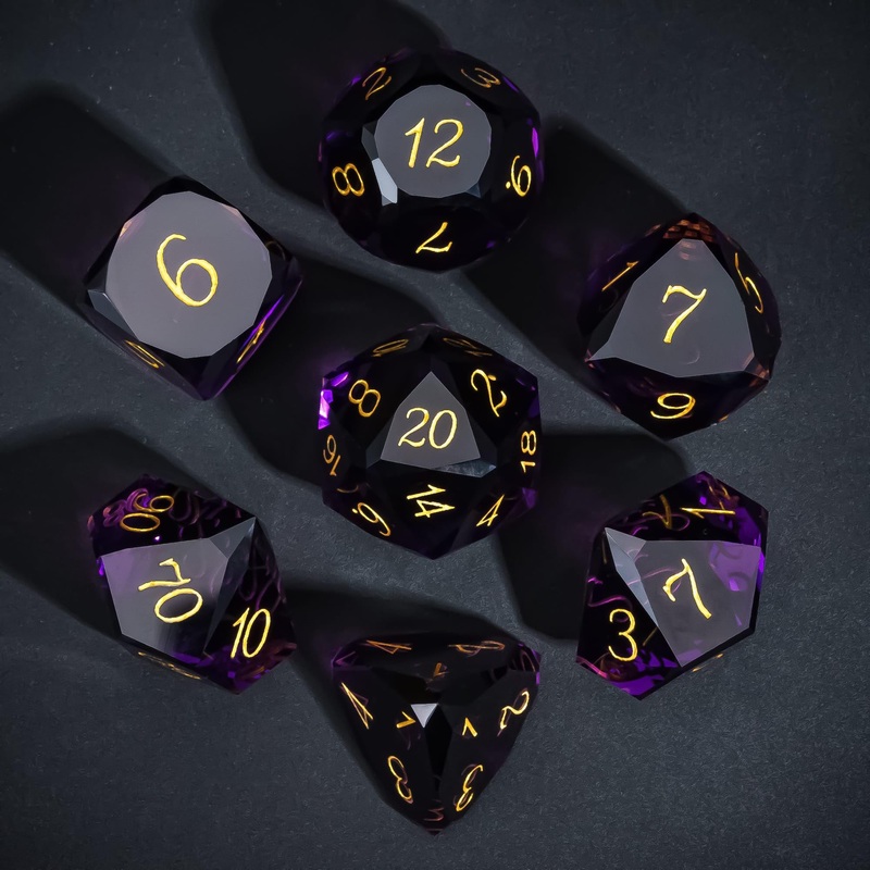 Udixi 7-Piece Glass Dice Set D&D, Multifaceted Diamond-Cut Glass Dnd Dice For Dungeons And Dragons Rpg Tabletop Games (Purple)