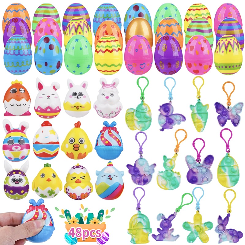 Zivilic Easter Basket Stuffers 48 Pcs Prefilled Easter Eggs With Toys Inside Filled Stuffed Easter Eggs With 12 Pop Keychain & 1