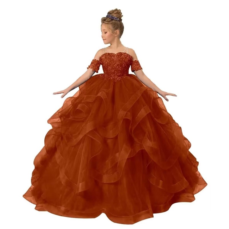 Zpvp Burnt Orange Girls Pageant Dress Long Ruffles Princess Flower Girl Dress Beaded Appliques Tulle Wedding Party Costumes Us4