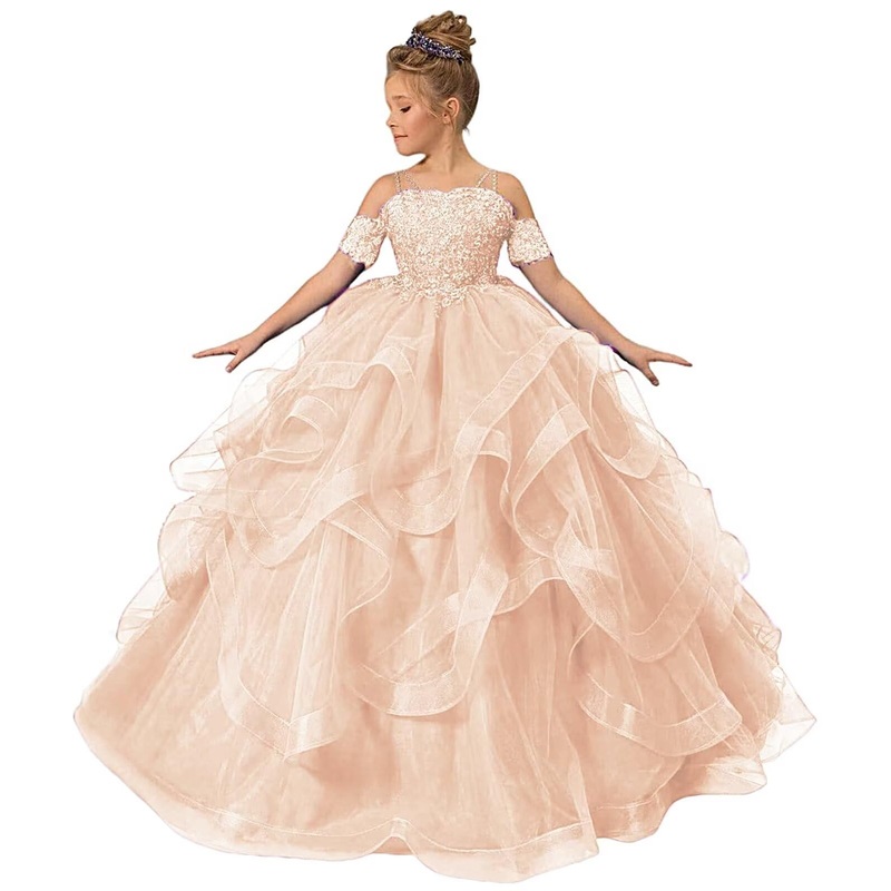 Zpvp Short Sleeve Flower Girl Dress Lace Appliques Tulle Tiered Blush Pink Pageant Dresses For Girls Party Costumes Formal Dress