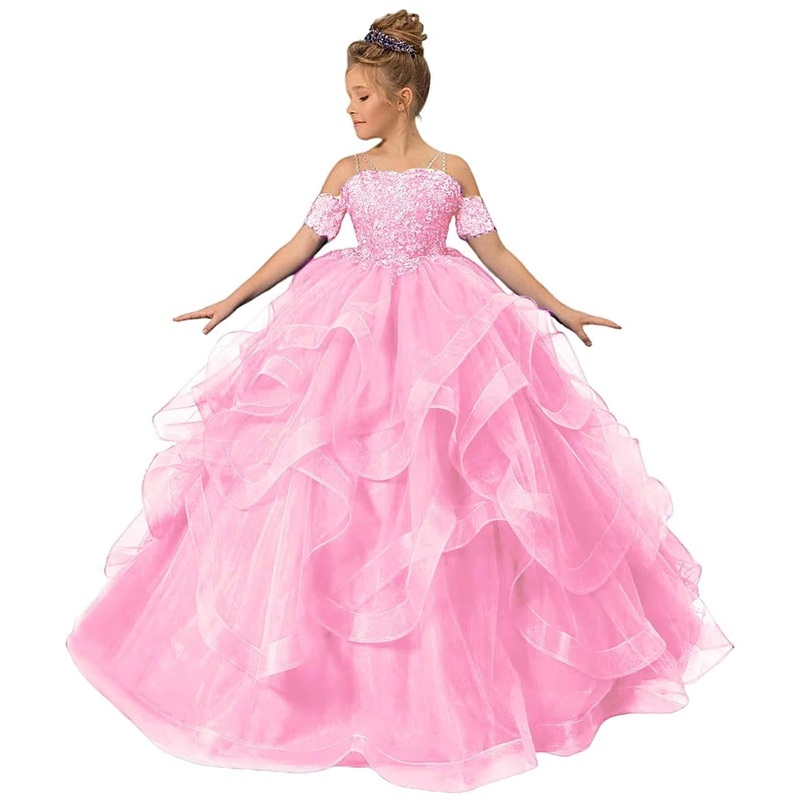 Zpvp Short Sleeve Flower Girl Dress Lace Appliques Tulle Tiered Pink Pageant Dresses For Girls Party Costumes Formal Dress Us11