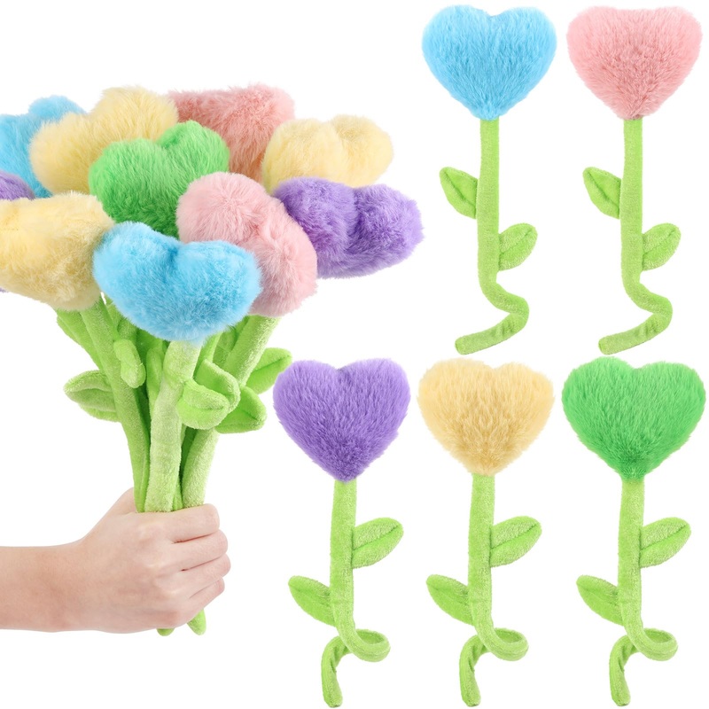 10 Pcs Plush Heart Floral Stuffed Bendable Stems Plush Bouquet Toy Soft Rose Flower 12.6 Inch For Christmas Classroom 2025 Mothe