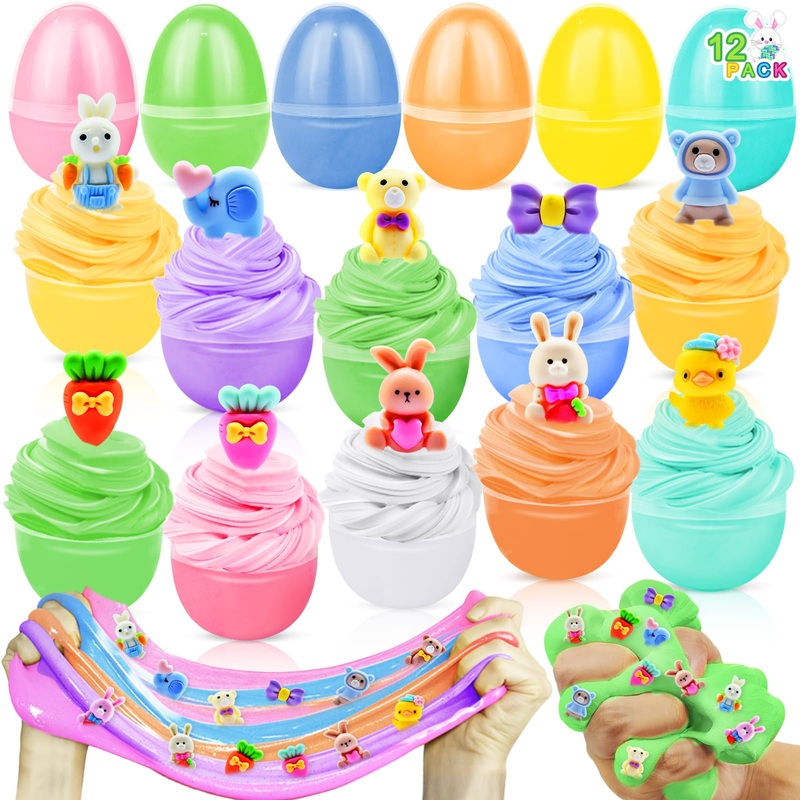 12 Pack Easter Egg Fillers Butter Slime Kit,12 Colors Non-Sticky With Printed Bunny Chicks Charms, Easter Slime Toys Easter Egg