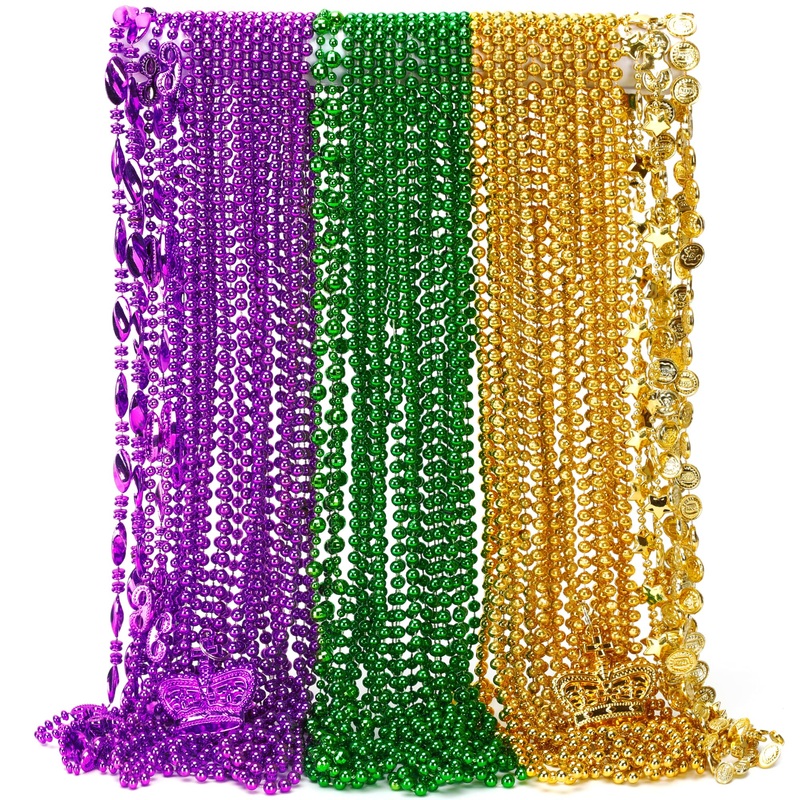 48Pcs Mardi Gras Beads, Metallic Mardi Gras Beads Necklace, 10 Kinds Green Purple Gold Necklaces Bulks, Coins Mask Bead Necklace