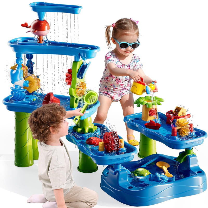 5-Tier Water Table For Toddlers Kids 3-5 4-8, Sand And Water Play Set With Rain Showers Pond, Summer Outdoor Toys Beach Toys Wat